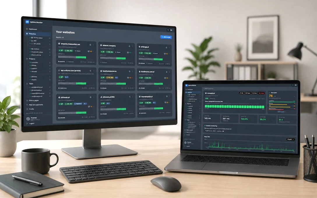 Panel Uptime Monitor z listą monitorowanych stron i statystykami dostępności